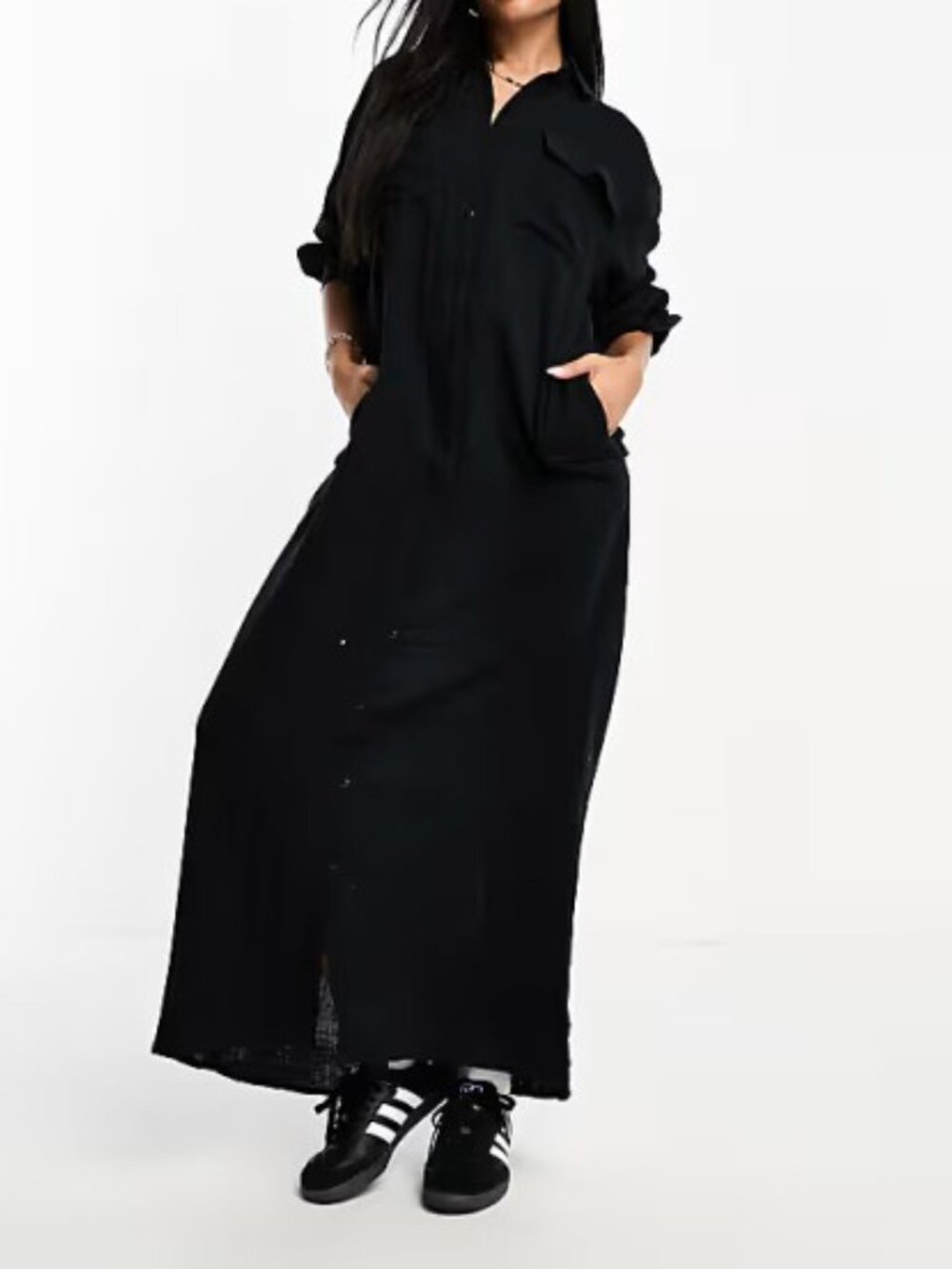 ASOS DESIGN Shirt Dress 6 Black Maxi Button Slits Slight Sheer Pockets Classic